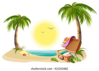 Beach holidays on summer vacations. Tropical sun, sea, palm trees, sand and open suitcase. Cartoon vector illustration