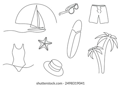 Beach holidays set in one continuous line. One line drawing, minimalism. Vector illustration.