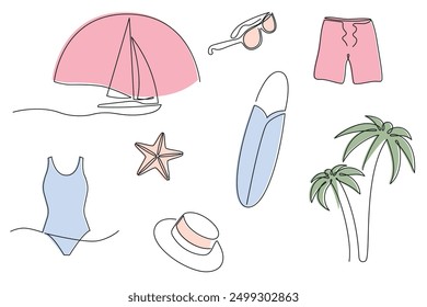 Beach holidays set in one continuous line in color. One line drawing, minimalism. Vector illustration.
