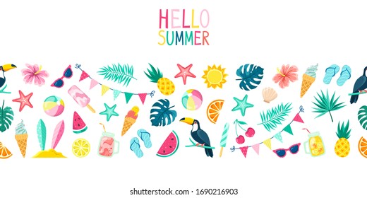 Beach holidays, set of summer doodle elements on a white background. Drinks, clothes and birds, tropical leaves. Seamless pattern.