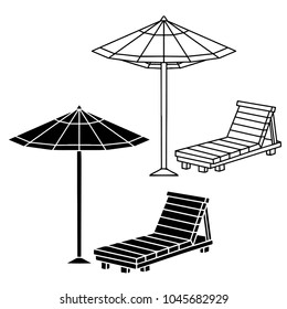 Beach holidays set. Beach umbrella, chaise longue isolated on white background