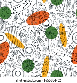Beach holidays in the tropics. Items for swimming on the water. Vector  seamless pattern.