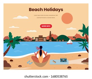 Beach holidays vector web banner template. Woman sitting on beach and reading book, retro flat style design illustration. Summer holidays, tropical vacation, travel and tourism.