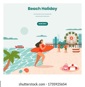 Beach holidays vector web banner template. Young woman coming out of the sea with surfboard, retro flat style design illustration. Summer holidays, tropical vacation, surfing, beach water activities.