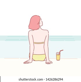 Beach holidays woman enjoying summer sun sitting in sand looking happy at copy space. Hand drawn style vector design illustrations.