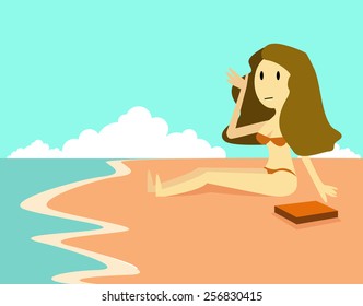 Beach holidays woman enjoying summer sun sitting in sand with a book. flat design character. vector illustration