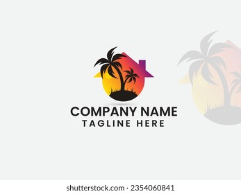 Beach home logo design. sea home. Business. Summer. Beach logo. Real estate. Sea tree. Sunset background. Premium design. Sun