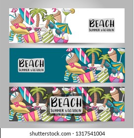 Beach horizontal banner set. Cute header for invitation, advertisement, web page. Hand drawn  doodle cartoon style summer tropical vacation design concept. Vector illustration.