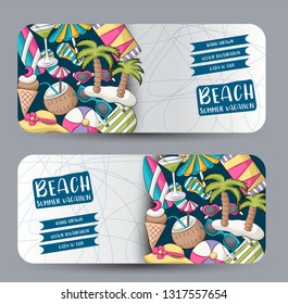 Beach horizontal banner set. Cute header for invitation, advertisement, web page. Hand drawn  doodle cartoon style summer tropical vacation design concept. Vector illustration.