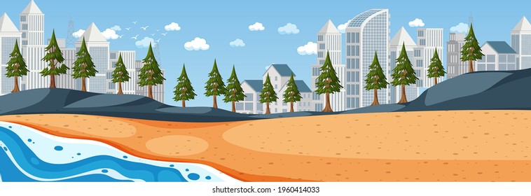 Horizontale Szene des Strandes zur Tageszeit mit Stadtbild-Hintergrund