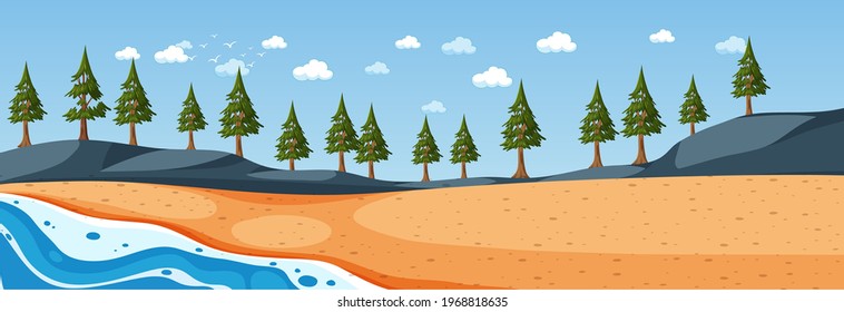 Beach horizontal scene at day time with many pine trees illustration
