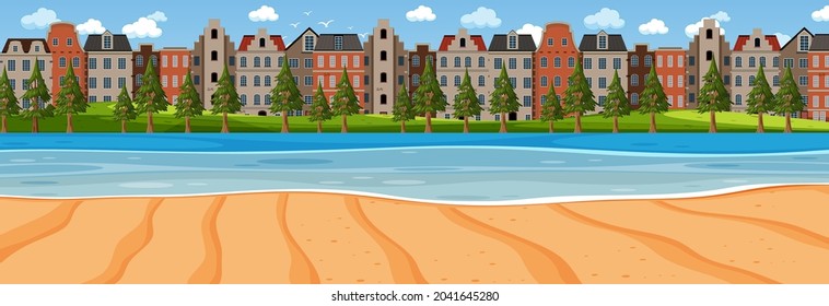 Escena horizontal de playa en el día con ilustración de fondo de ciudad