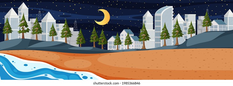 Escena horizontal de playa por la noche con ilustración de fondo de ciudad