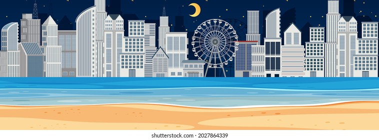 Beach horizontal scene at night with city background illustration