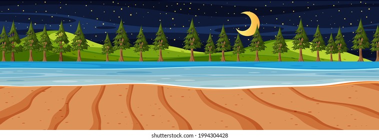 Beach horizontal scene at night with many pine trees illustration