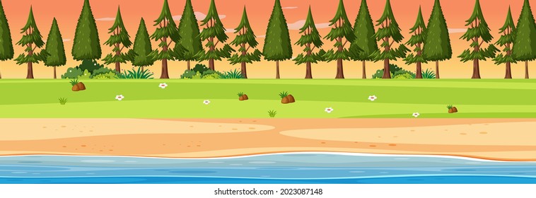 Beach horizontal scene at sunset time with many pine trees illustration