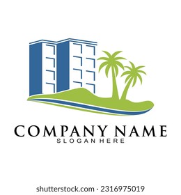 Beach hotel building illustration vector logo