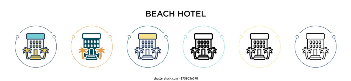 Das Strandhotel Ikone in gefüllter, dünner Linie, Umriss- und Schlagbauweise. Vektorgrafik von zwei farbigen und schwarzen Strandhotel Vektorgrafiken-Designs kann für mobile, ui, web-basierte