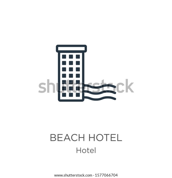 Beach hotel icon. Thin linear beach hotel
outline icon isolated on white background from hotel collection.
Line vector sign, symbol for web and
mobile