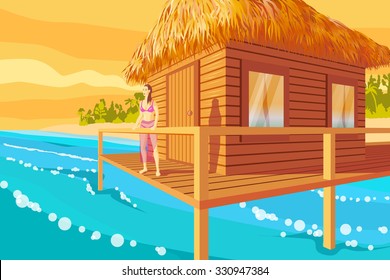 beach house. beautiful seaboard landscape. tropical beach. girl