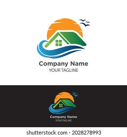 Beach House with beautiful sunset vector logo design. EPS 10