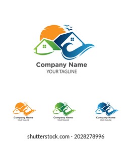 Casa de playa con hermoso diseño de logo vectorial de puesta de sol. EPS 10
