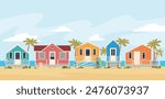 Beach house. Bungalow on a tropical island. Rest by the sea. Vacation on a sunny beach. Vector illustration