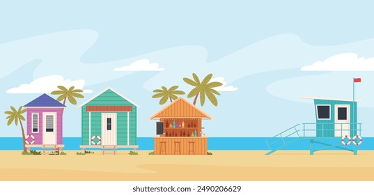 Casa de playa. Bungalow en una isla tropical. Descansa junto al mar. Vacaciones en una playa soleada. Ilustración vectorial