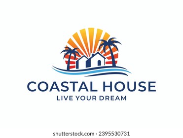 Beach house coastal sunrise logo illustration design