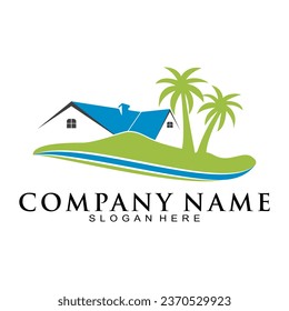 Beach house and coconut tree illustration logo design vector