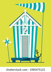 Beach house. Hut on the coast. Vector flat illustration on green background.