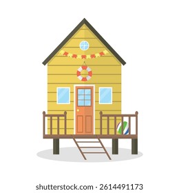 Beach house icon with lifebuoy and beach ball. Beach house. House with stairs and windows.