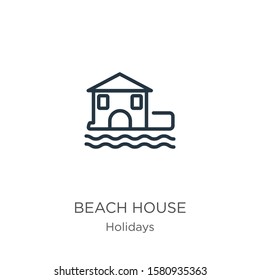 Beach house icon. Thin linear beach house outline icon isolated on white background from holidays collection. Line vector sign, symbol for web and mobile