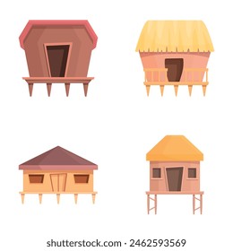 Beach house icons set cartoon vector. Wooden bungalow or island resort house. Tropical resort object