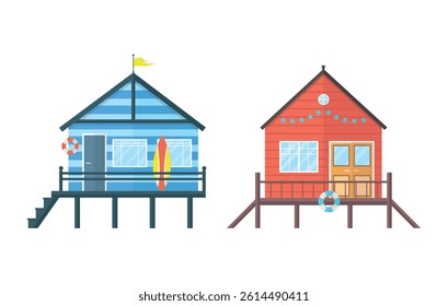 Beach house icons with surfboard, lifebuoys. Overnight houses, changing rooms.