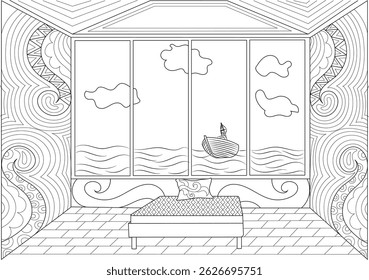 Beach House Interior Ocean View Coloring Page, Black and white line art illustration of a room interior with a bed, large window overlooking the ocean with a boat and clouds, and abstract patterned