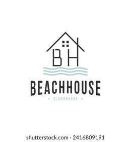 Beach house logo design vintage retro with initial letter bh