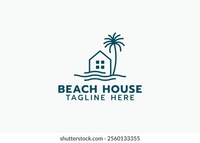 beach house logo in line style with a combination of simple house, palm and waves