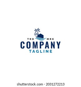Beach House logo template design with sea wave and palm tree symbol.