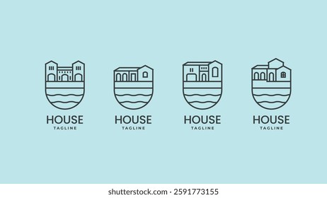 Beach House Mediterranean architecture line art outline logo collections. Beach hotel, villa, resort minimal symbol badge logo