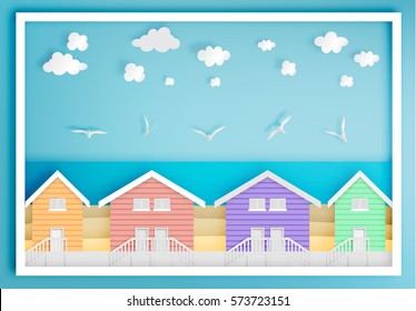 Beach house with ocean background frame paper art style vector illustration
