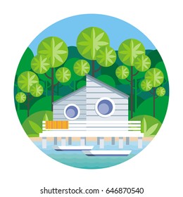 Beach house on stilts, surrounded by tropical plants. Round vector illustration