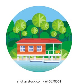 Beach house on stilts, surrounded by tropical plants. Round vector illustration