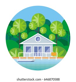Beach house on stilts, surrounded by tropical plants. Round vector illustration