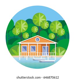 Beach house on stilts, surrounded by tropical plants. Round vector illustration