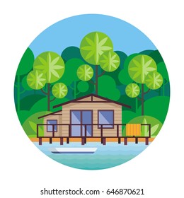 Beach house on stilts, surrounded by tropical plants. Round vector illustration