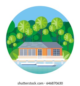 Beach house on stilts, surrounded by tropical plants. Round vector illustration