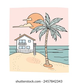 Beach house with palm tree on the seashore. Hand drawn vector illustration in flat style.