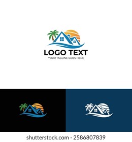 Beach house with palm tree real estate vector logo design template