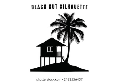 Beach House and Palm Tree Silhouette Clip art, Seaside beach hut black Silhouette Vector